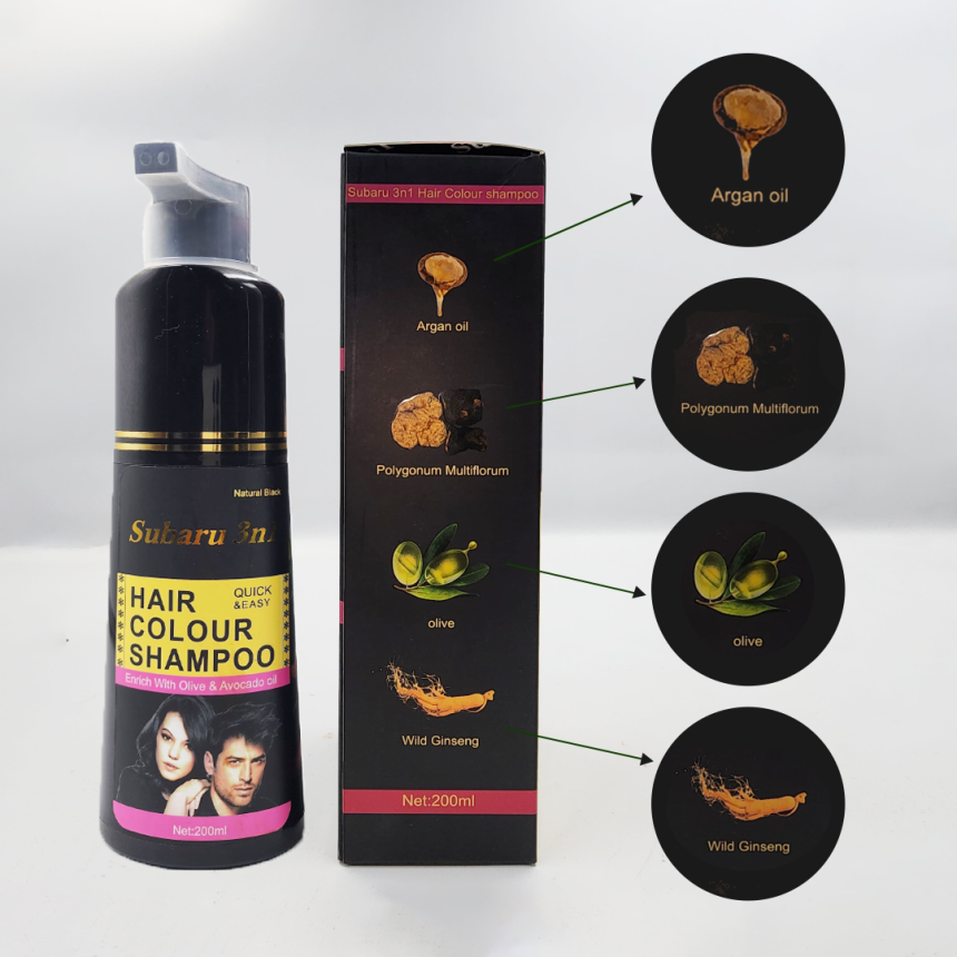 Subaru 3 in 1 Black Hair Color Shampoo | Hair Color Shampoo For Men &amp; Women | Best Quality Shampoo - 200 ml - Natural Black